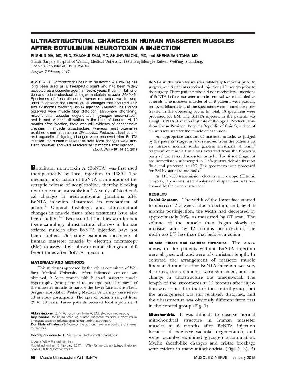 咬肌肉毒素注射后超微变化发表文章第一页